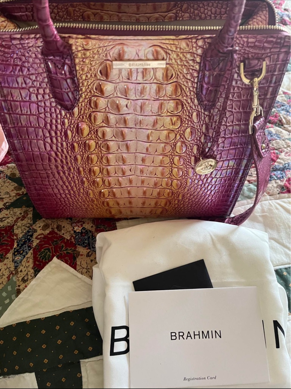 Brahmin Purple to Gold Ombre Croc-Embossed Leather Tote